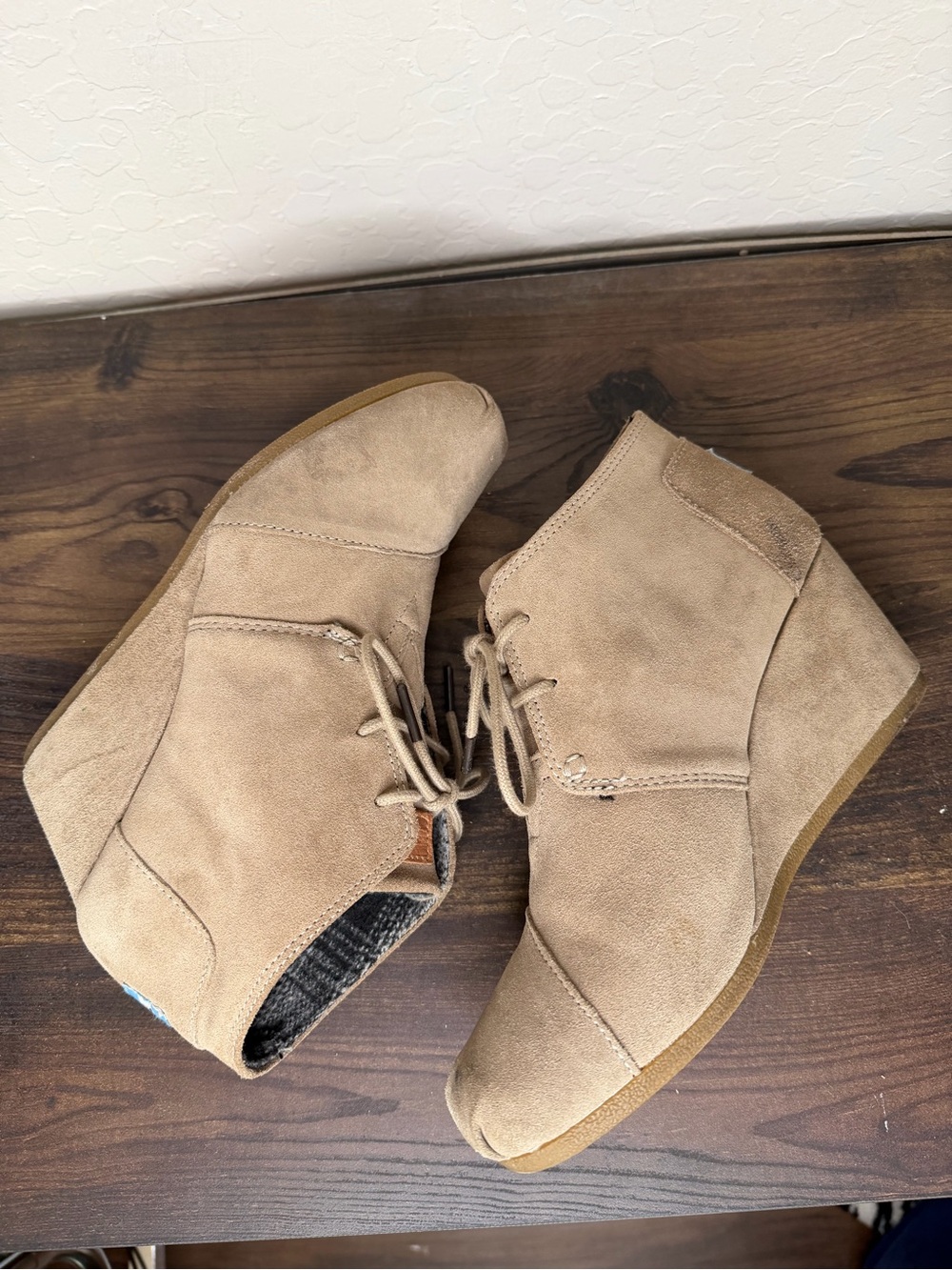 Toms Lace-Up Wedge Ankle Booties - Light Tan Suede